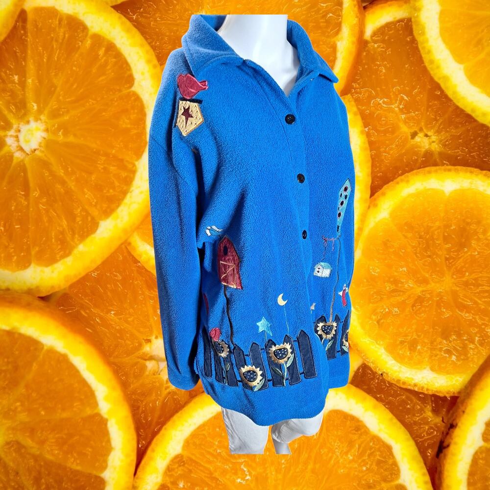 Quacker Factory Women's Blue Spring Embroidered Fleece Button Down Jacket Size L